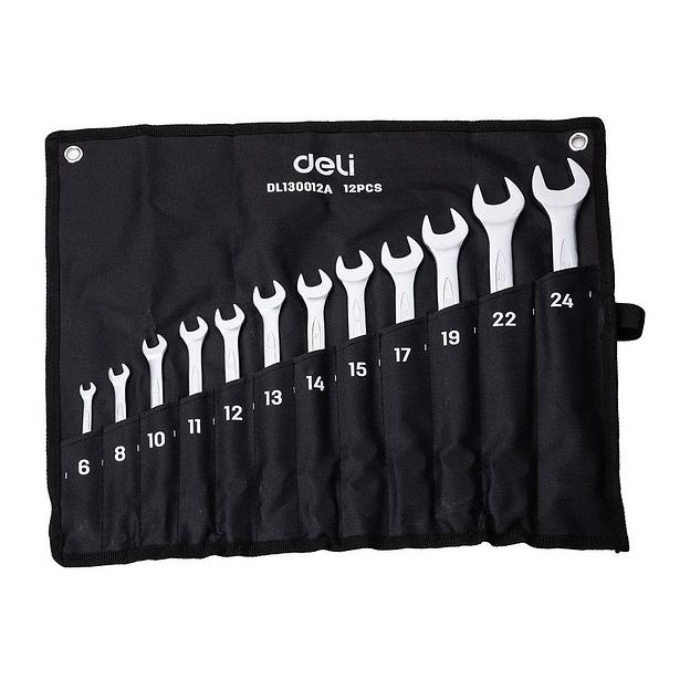 Ключи Deli Набор комбинированных гаечных ключей 12 шт Deli DL130012A размеры 6,8,10,11,12,13,14,15,17,19,22,24мм, матовая хромированная поверхность, чехол из ткани Оксфорд фото 3