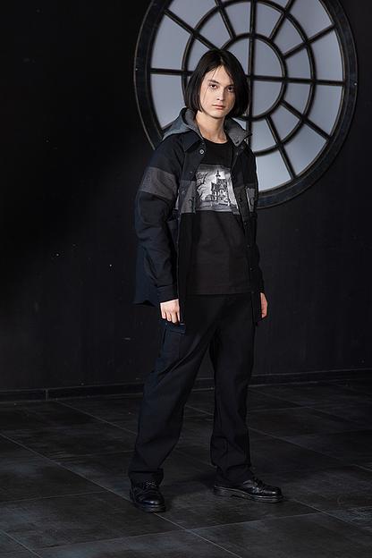 Чёрная джинсовая куртка-рубашка унисекс со вставками и съёмным капюшоном ОПТ фото 4