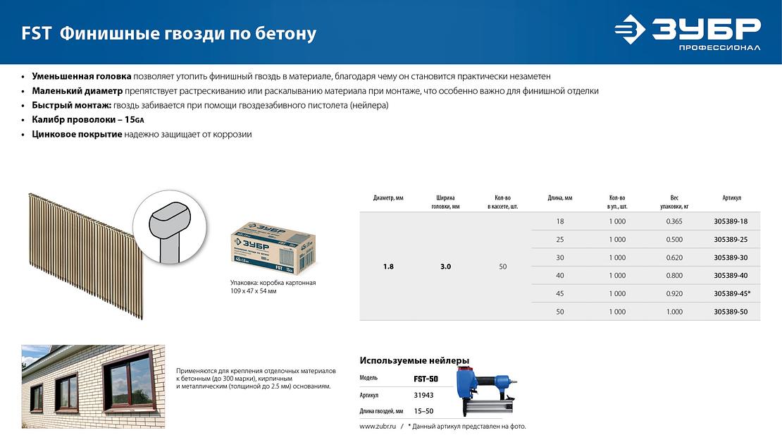 ЗУБР FST 40 х 1.8 мм, финишные гвозди по бетону оцинкованные, калибр 15GA, 1000 шт (305389-40) фото 6