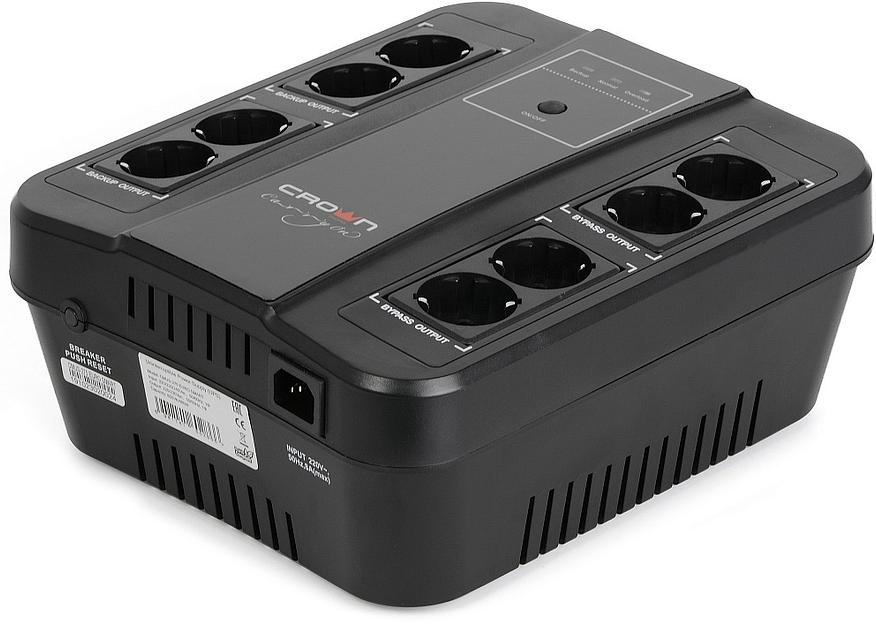 ИБП CROWN 650VA/390W, корпус пластик, 1x12V/7AH, розетки 8*EURO, трансформатор AVR 220/230/240В ± 25%, съёмный кабель питания 1.8 м, порт RJ-11/45, порт USB управление с ПК, LED-индикация, защита: от перегрузки, от КЗ, от перепадов напряжения, ПО UPS CROW фото 1