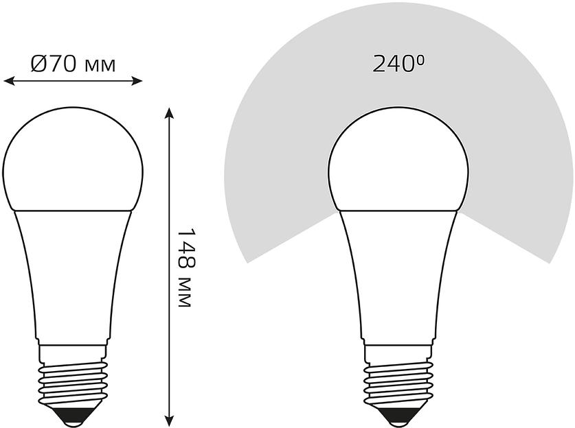 Лампа светодиодная Gauss A70 22Вт цок.:E27 груша 220B св.свеч.бел.теп. (упак.:10шт) (102502122) фото 6