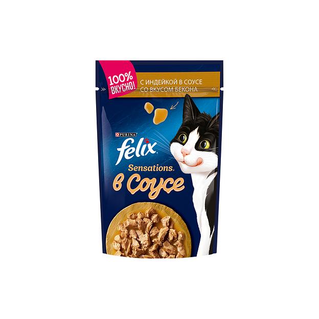 Влажный корм для кошек Felix® Sensations® в соусе, c индейкой в соусе со вкусом бекона, 85 г фото 1