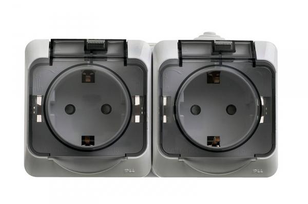 Systeme electric PA16-244C ЭТЮД IP44 O/У двойная РОЗЕТКА с заземлением со шторками 16А 250B, СЕРЫЙ, Россия фото 1