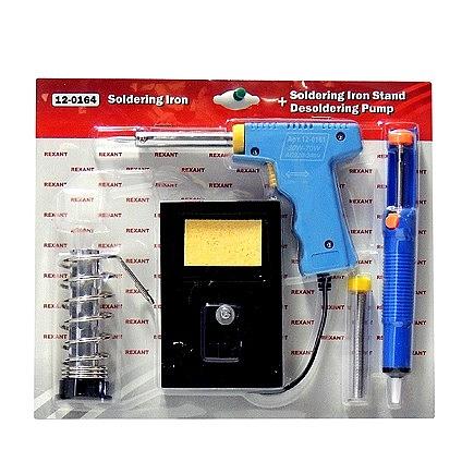 REXANT (12-0164) Набор для пайки (паяльник импульсный 30/70 Вт, оловоотсос, подставка, припой) фото 1