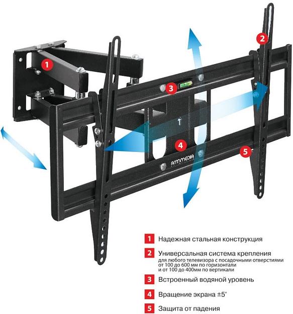 Кронштейн для телевизора Arm Media PT-16 черный 22"-65" макс.40кг настенный поворотно-выдвижной и наклонный фото 3