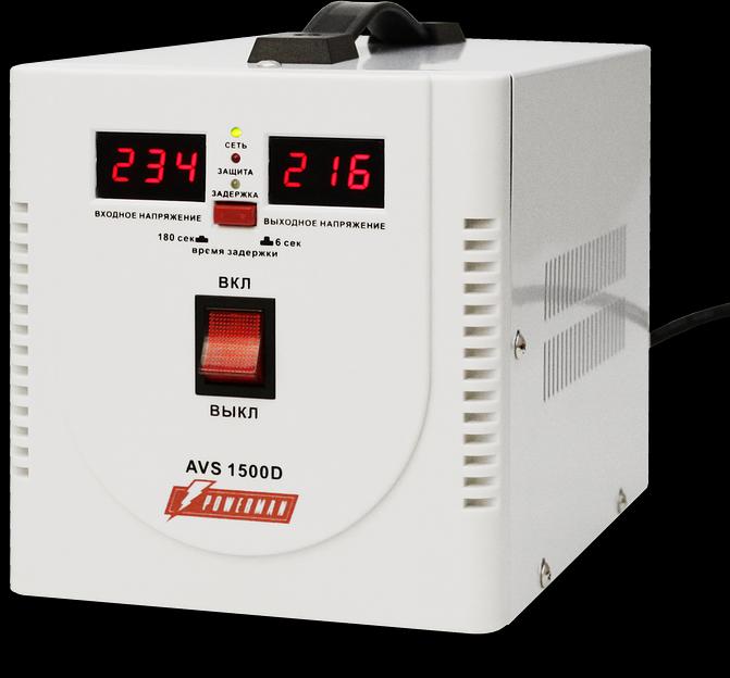Стабилизатор POWERMAN AVS 1500D, ступенчатый регулятор, цифровые индикаторы уровней напряжения, 1500ВА, 140-260В, максимальный входной ток 10А, 2 евророзетки, IP-20, напольный, 200мм х 160мм х 190мм, 4 кг. POWERMAN AVS 1500D фото 1
