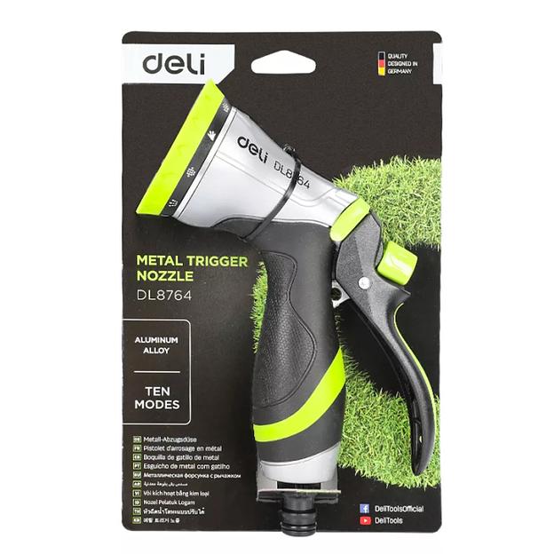 Пистолет-распылитель поливочный Deli DL8764 10 режимов распыления, диаметр шланга 3/4", прорезиненная рукоять, корпус из цинкового сплава фото 2
