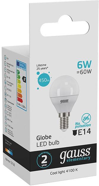 Лампа светодиодная Gauss Elementary 6Вт цок.:E14 шар 220B 4100K св.свеч.бел.ней. (упак.:10шт) (53126) фото 5