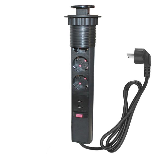 SETE Удлинитель настольный выдвижной, 2*USB, 230V, 60mm, черный, SPO-3BU фото 1