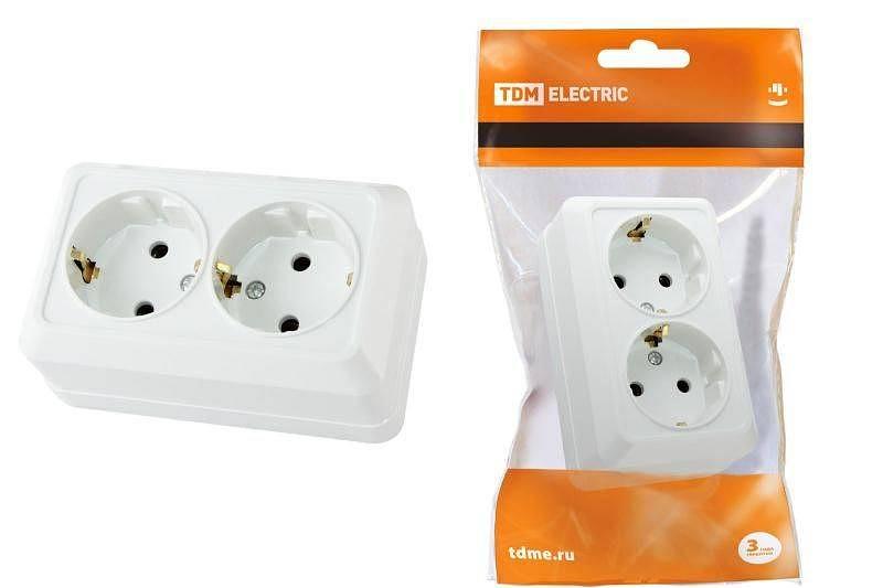 Розетка двойная 2П+3 открытой установки IP20 16А, белая Ладога фото 1