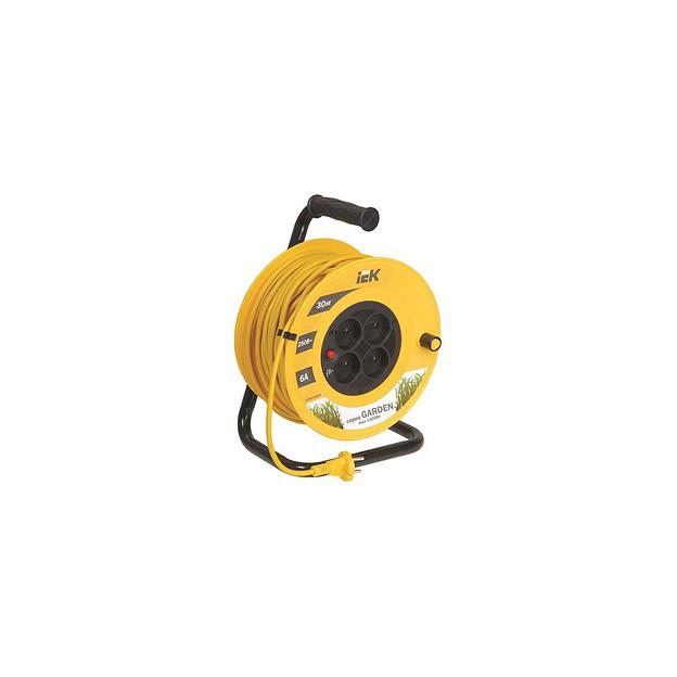 Удлинитель силовой IEK Garden, розеток 4шт, 2x0.75 кв.мм, 6A, 30м, ПВС, катушка, желтый [wkp23-06-04-30] фото 1