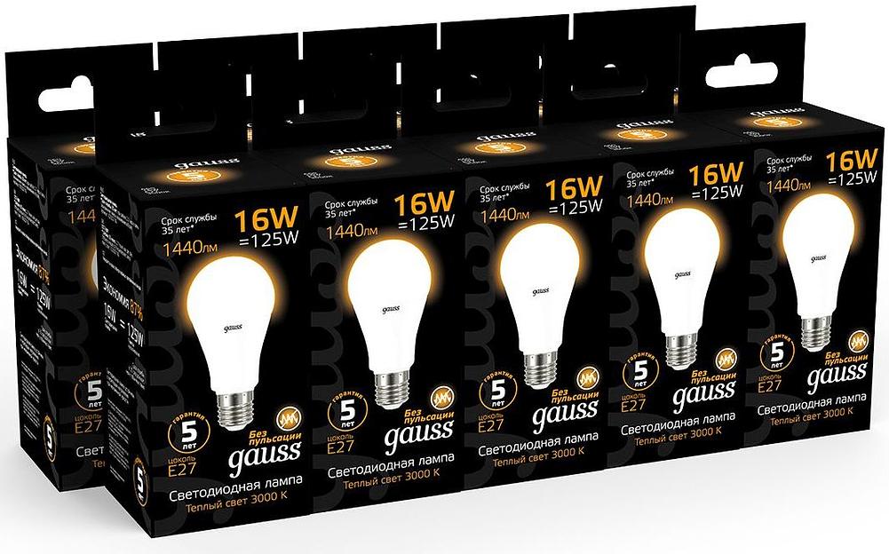 Лампа светодиодная Gauss 16Вт цок.:E27 шар 220B 3000K св.свеч.бел.теп. A60 (упак.:10шт) (102502116) фото 2