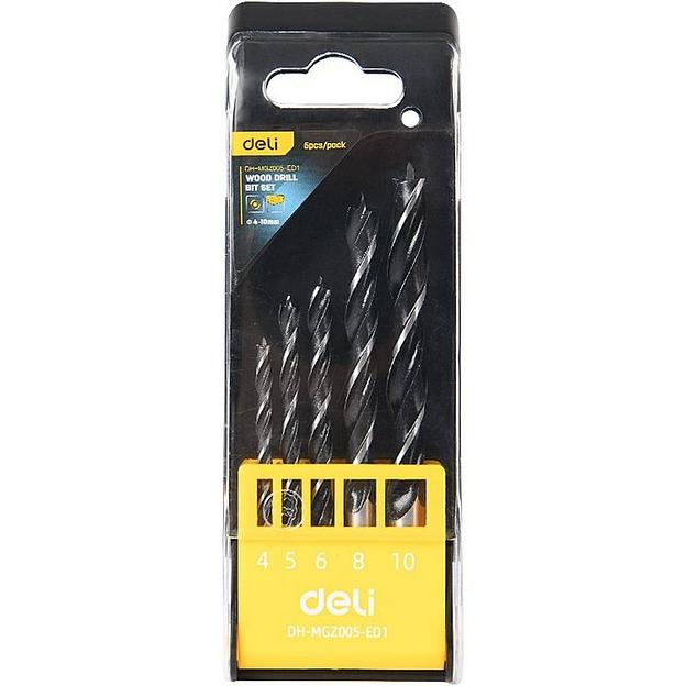 Набор оснастки Deli Набор сверл по дереву 5 шт (4/5/6/8/10 мм) Deli DH-MGZ005-ED1 сталь 45#, пласт.кейс фото 1