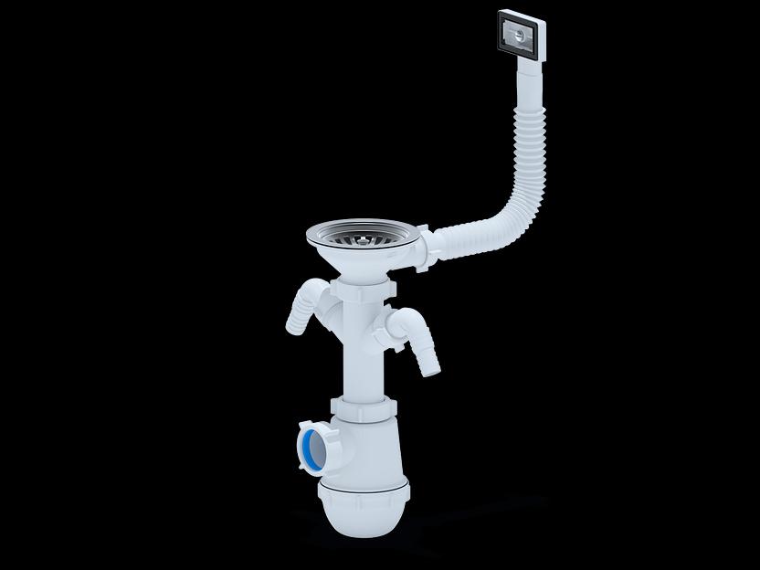 Сифон для мойки АНИ Грот 3 1/2'X40 с двумя отводами для стиральной и посудомоечной машины с переливом фото 1