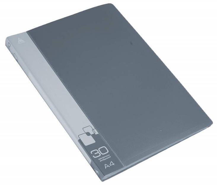 Папка с 30 прозр.вклад. Бюрократ -BPV30GREY A4 пластик 0.65мм торц.карм с бум. встав серый фото 1