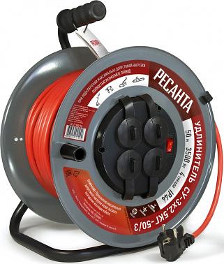 Удлинитель силовой Ресанта СУ-3х2,5КГ-50/3 (61/118/10) 2x1.0кв.мм 4розет. 40м ПВС катушка серый фото 1
