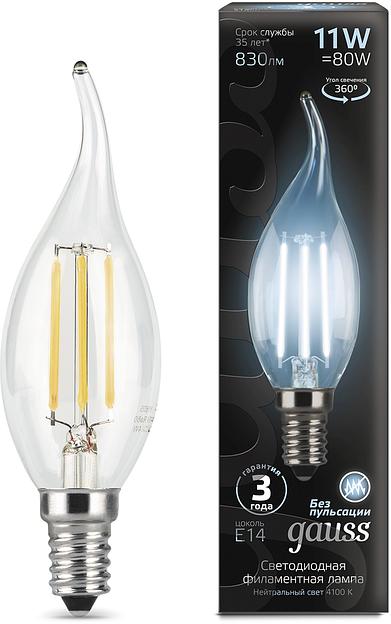 Лампа филам. Gauss Filament 11Вт цок.:E14 свеча 220B св.свеч.бел.нейт. CF35 (упак.:10шт) (104801211) фото 1