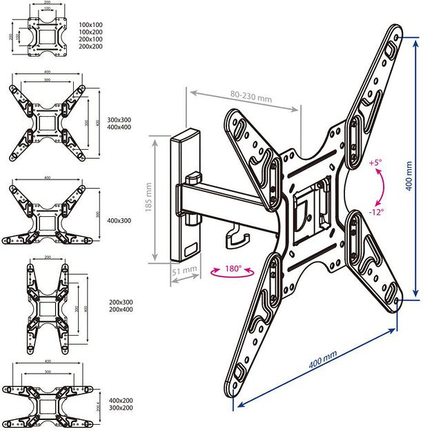 Кронштейн для телевизора Kromax OPTIMA-413 серый 20"-55" макс.30кг настенный поворотно-выдвижной и наклонный фото 3