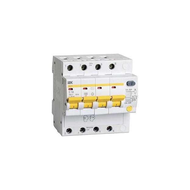 Автоматический выключатель дифф. тока IEK АД14 (MAD10-4-010-C-030) 10A тип C 4.5кА 4П 400В 5 модулей белый (упак.:1шт) фото 1
