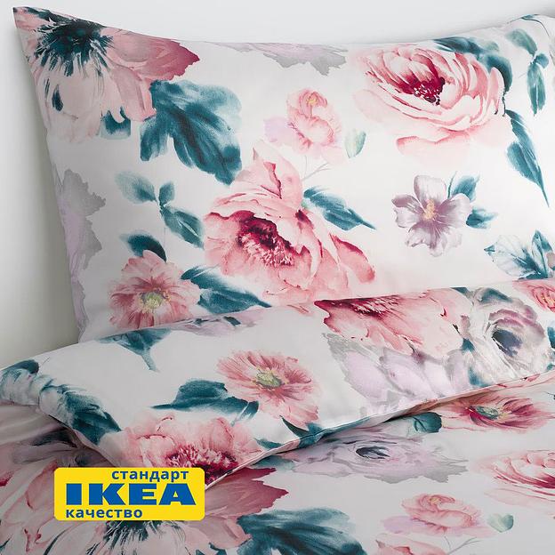 Пододеяльник 1,5 спальный, наволочка ПЛАТАН (ИКЕА ПЛАТТМАЛ) 150x200/50x70, цветочный орнамент/белый, сатин KL-90519762 фото 1