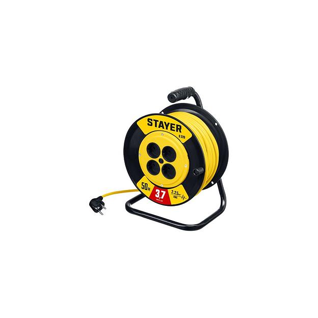 Удлинитель силовой Stayer 55070-50, розеток 4шт, 2x2.5 кв.мм, 10A, 50м, ПВС, катушка, желтый фото 1