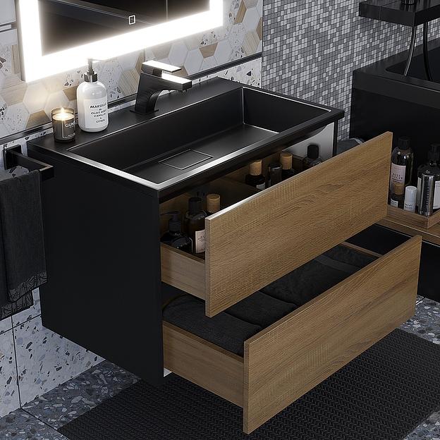 Тумба под раковину для ванной Uperwood Barsa, 70 см, подвесная, черная/дуб сонома фото 10