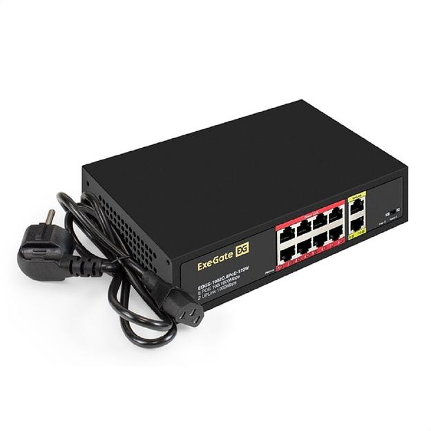 Коммутатор неуправляемый ExeGate EDGS-1082D.8PoE-120W (10-портовый: 8 портов UTP 10/100 Base-Tx с поддержкой IEEE 802.3af (PoE), мощность PoE: 15,4W, суммарно 120W, 2 порта RJ45 10/100/1000Мбит/с (uplink), настенный/настольный, металлический корпус) фото 1