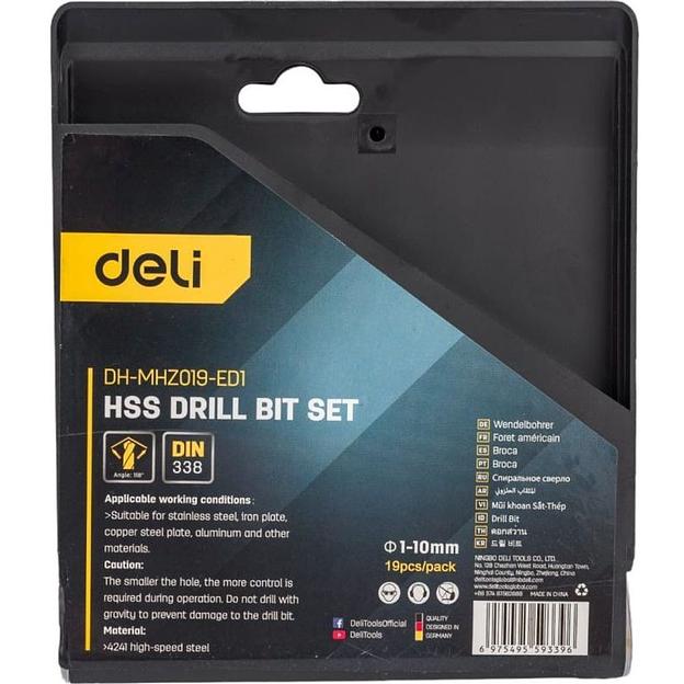 Набор сверл по металлу HSS (1-10мм, 19 шт) Deli DH-MHZ019-ED1 пластиковый кейс фото 3