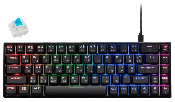 Клавиатура игровая 2E GAMING KG380 RGB 68key Gateron Blue Switch BT/USB Black Ukr 2E-KG380UBK-BL фото 1