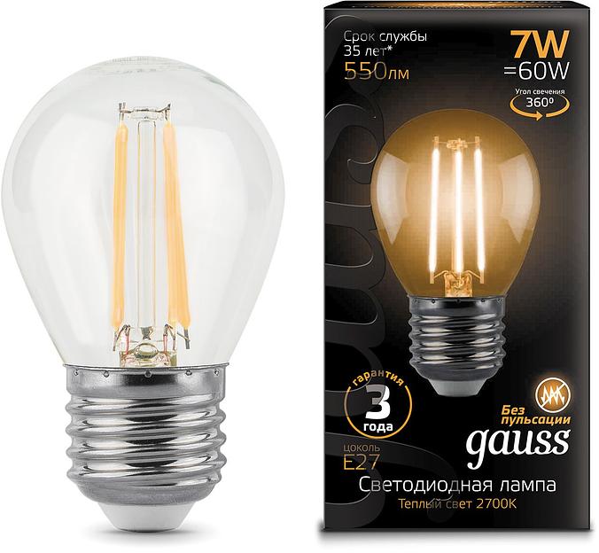 Лампа филам. Gauss 7Вт цок.:E27 шар 220B 2700K св.свеч.бел.теп. G45 (упак.:10шт) (105802107) фото 2