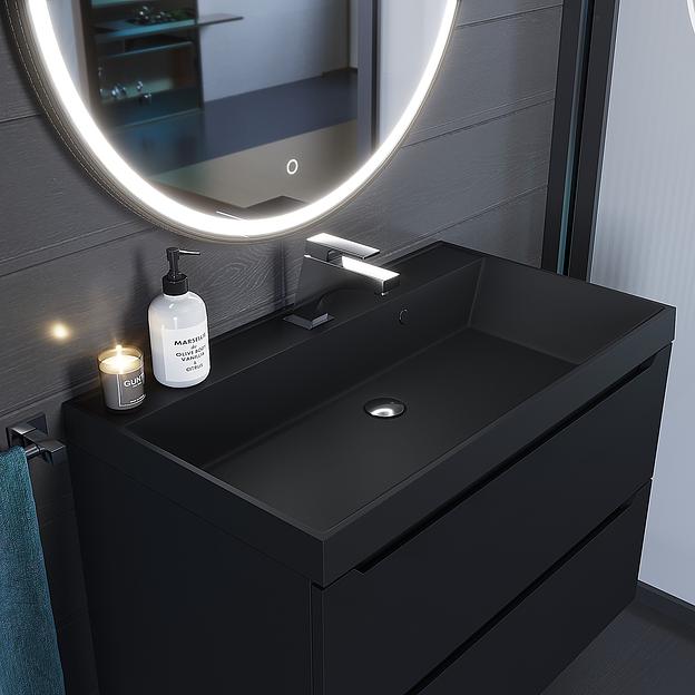 Раковина кварцевая для ванной комнаты Uperwood Classic Quartz 80 см, черная матовая, уголь фото 1