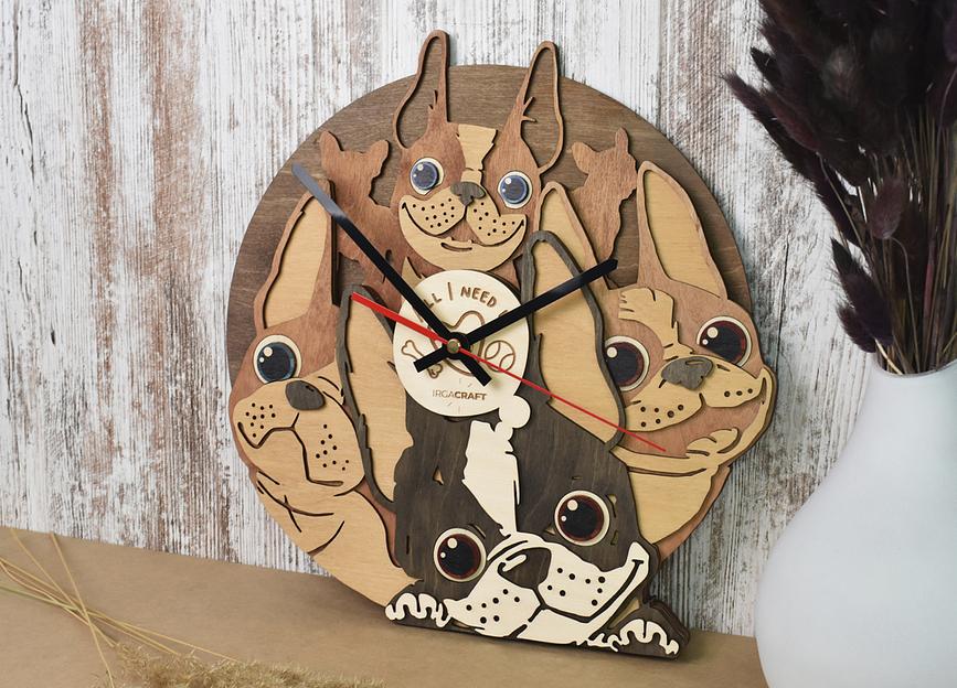Часы настенные из дерева «Французские бульдоги», опт фото 1