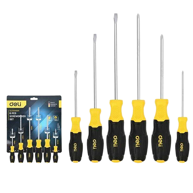 Набор отверток Deli DL630006N 6шт SL5x75 + SL5x100 + SL6x150 + PH1x75 + PH1x100 + PH2x150 сталь Cr-V, двухкомпонентная прорезиненная рукоять фото 1
