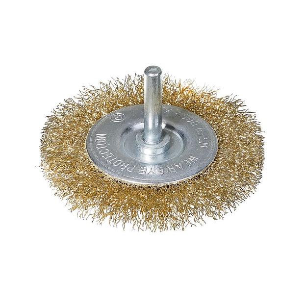 Оснастка Deli Щетка дисковая прямая для дрели DH-GSS100-E4 100мм, латунированная, толщина проволоки 0,3мм, хвостовик 6мм, макс. 4500 об/мин фото 1
