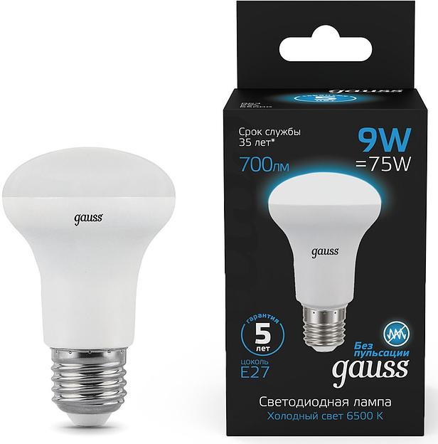 Лампа светодиодная Gauss 106002309 9Вт цок.:E27 рефлек. 150B 6500K св.свеч.бел.хол. R63 (упак.:1шт) фото 1