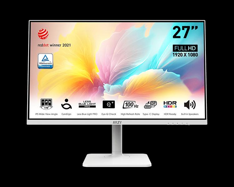 Монитор MSI Modern MD2712PW 27" 16:9 FHD(1920x1080) IPS Flat,1ms(MPRT),1000:1,100M:1,300nit,178/178,HDMI 1.4,USB-C,Speaker,Tilt,Swivel,Height,Pivot,VESA,100Hz,White(white cable),1y war-ty (9S6-3PA49H-218) фото 2