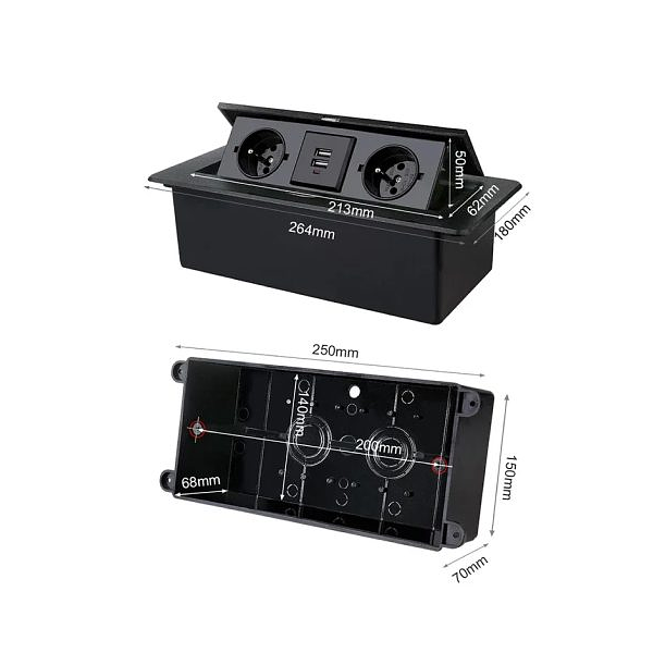 Встраиваемая выдвижная розетка в столешницу 2EU+2USB черная фото 6