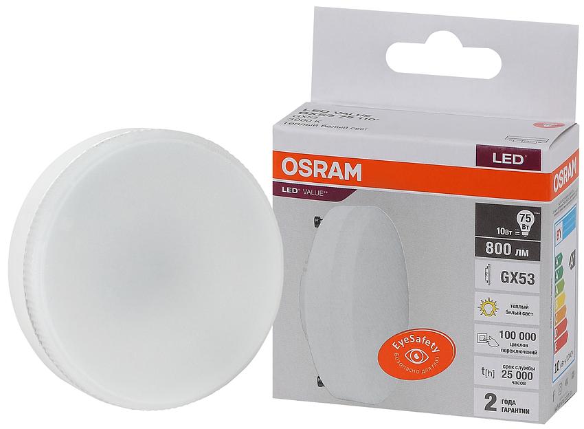 Лампа светодиодная LED 10 Вт GX53 3000К 800Лм таблетка 220 В (замена 75Вт) OSRAM фото 1