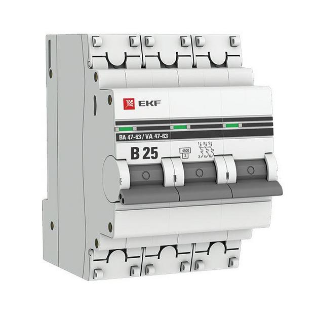EKF mcb4763-3-25B-pro Автоматический выключатель 3P 25А (В) 4,5kA ВА 47-63 EKF PROxima фото 1