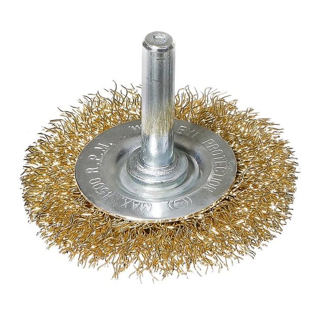 Оснастка Deli Щетка дисковая прямая для дрели DH-GSS050-E4 50мм, латунированная, толщина проволоки 0,3мм, хвостовик 6мм, макс. 4500 об/мин фото 1