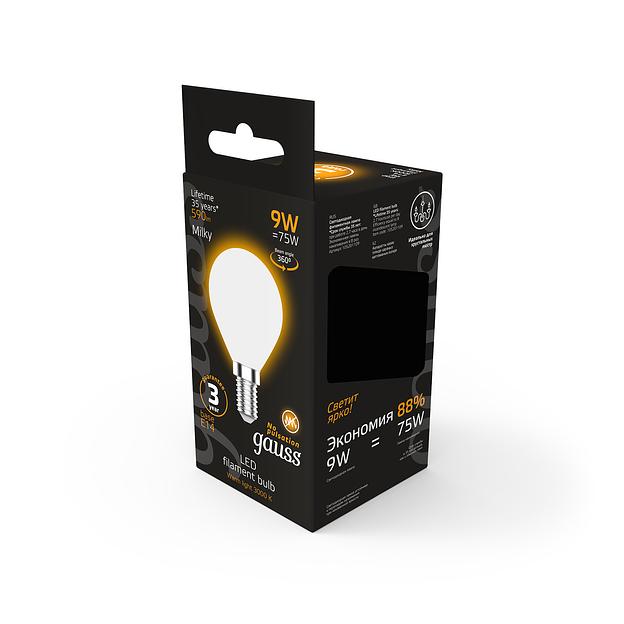 Лампа светодиодная Gauss Filament 105201109 9Вт цок.:E14 шар 220B 3000K св.свеч.бел.теп. (упак.:10шт) фото 6