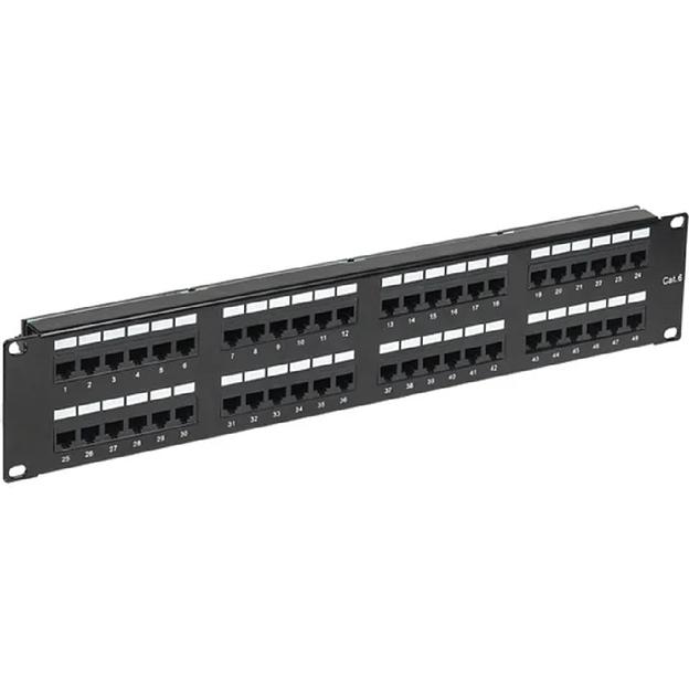 Rexant (02-0232) Патч-панель 19", 2U, 48 портов, RJ45, CAT 6, UTP, с органайзерами, черная PRO фото 1