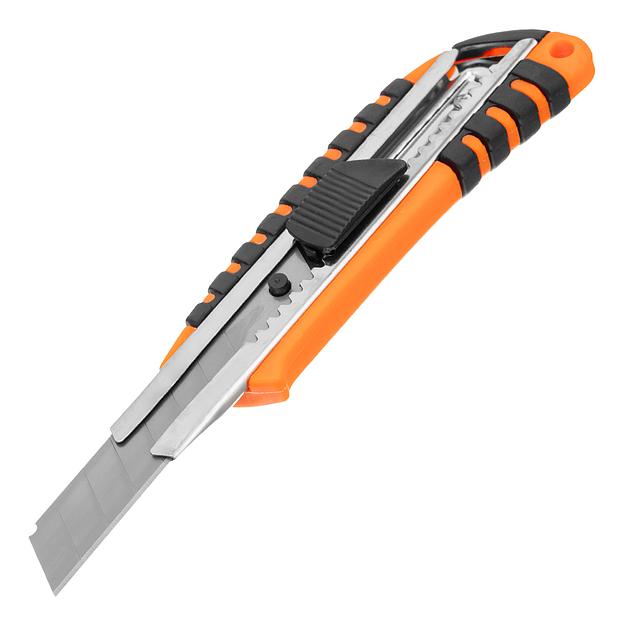 Нож, 18 мм выдвижное лезвие металлическая направляющая пластиковый двухкомпонентный корпус фото 1