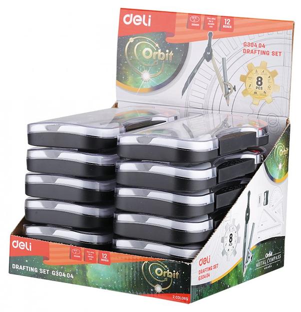 Циркуль Deli EG30404 корпус ассорти металл в компл.:линейка/транспортир/2 угольника/карандаш/ластик/точилка фото 1