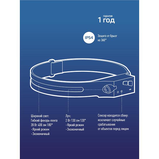 Фонарь налобный аккум сенсорн/20ВтCOB+2ВтXPE/Li-po 102540 1200mAh/гибк корп/USBtC фото 9