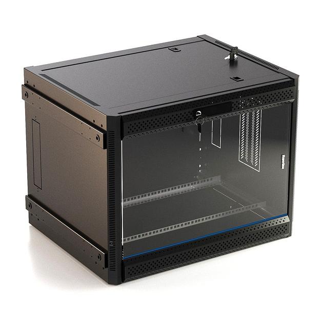 Шкаф серверный Hyperline (TWB-FC-1266-GP-RAL9004) настенный 12U 600x600мм пер.дв.стекл 60кг черный IP20 сталь фото 1