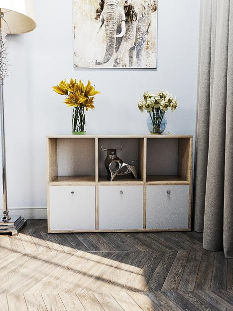 Стеллаж горизонтальный с дверцами Wood&Stone «Малави» дуб бунратти, белый 93.4×31.2×62.8 см фото 1