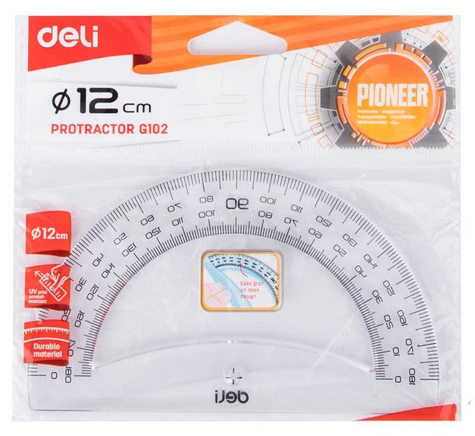 Транспортир Deli Pioneer EG10212 пластик дл.12см прозрачный градуировка УФ чернила европодвес фото 1