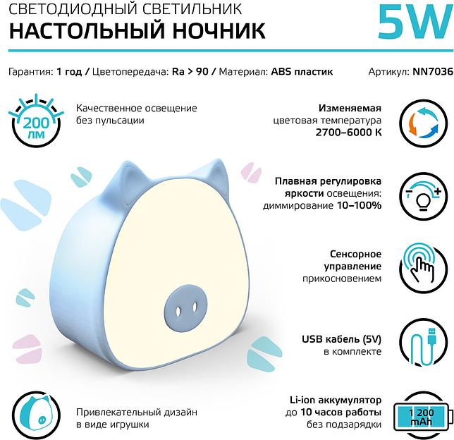 Ночник Gauss NN7036 поросенок голубой фото 2