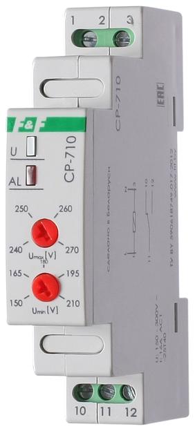Реле напряжения CP-710 (однофазный; контроль верхнего и нижнего значений напряжения; монтаж на DIN-рейке 35мм; 230В 10А 1P IP20) F&F EA04.009.001 фото 1